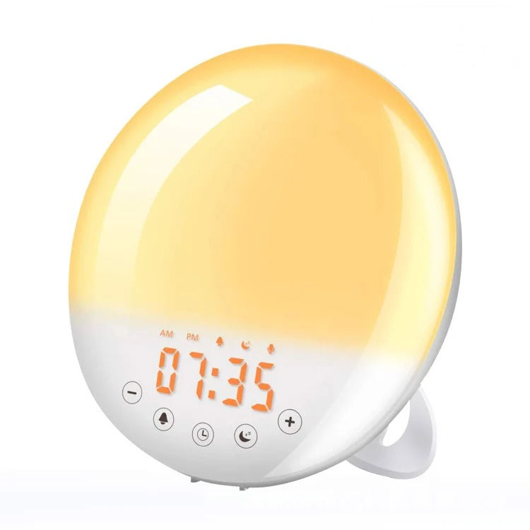 Sunrise alarm clock glowing on a nightstand