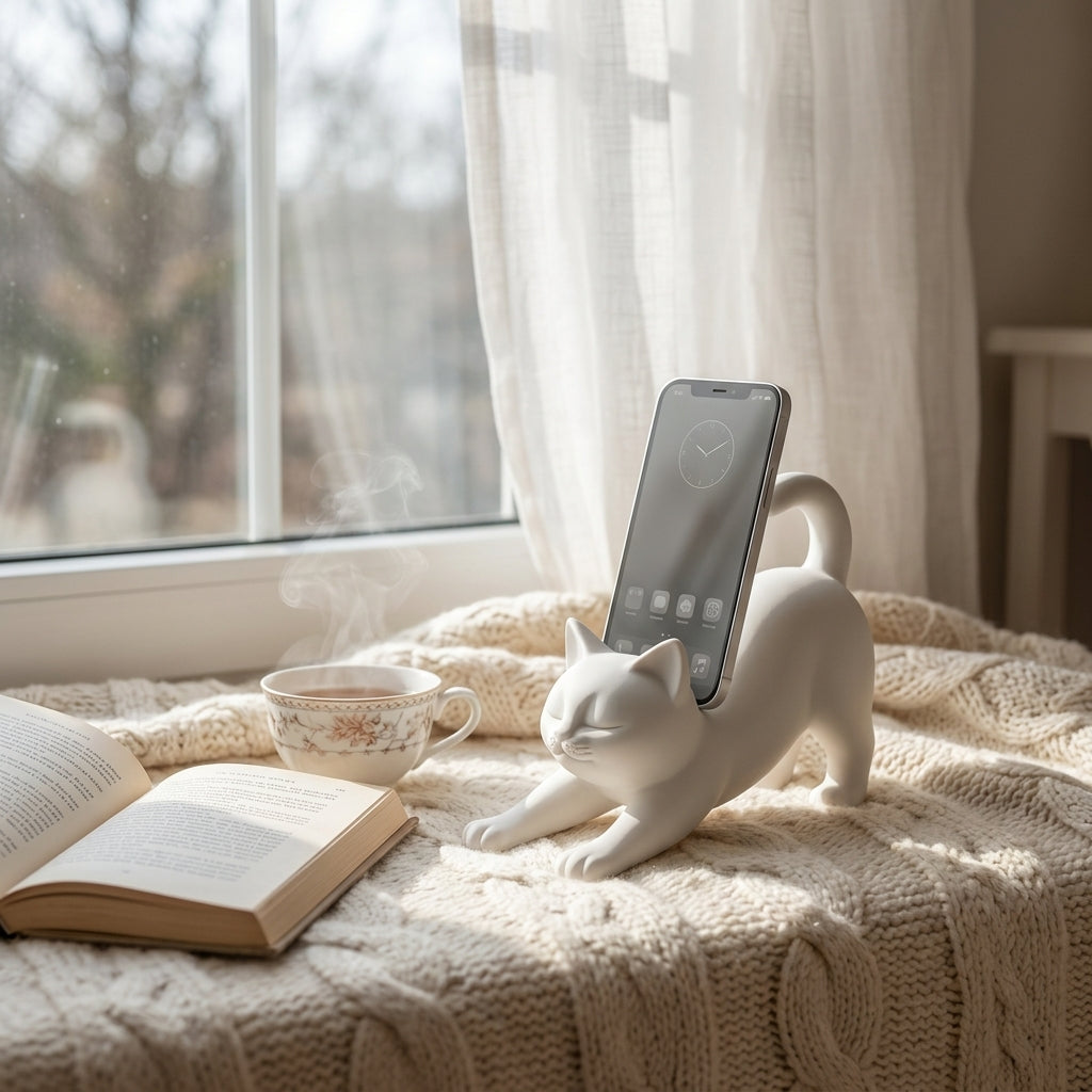 Cat phone stand on a desk