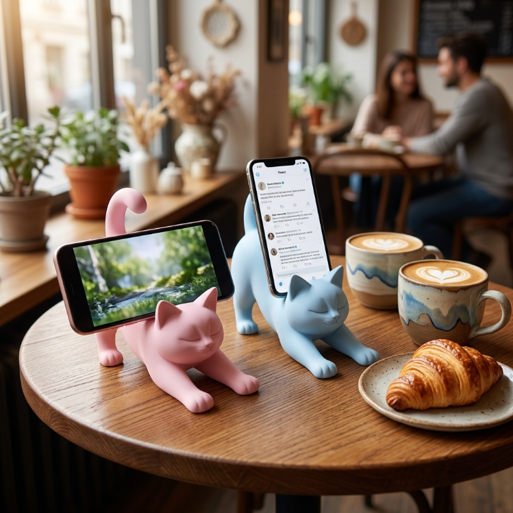 Cat phone stand holding a phone