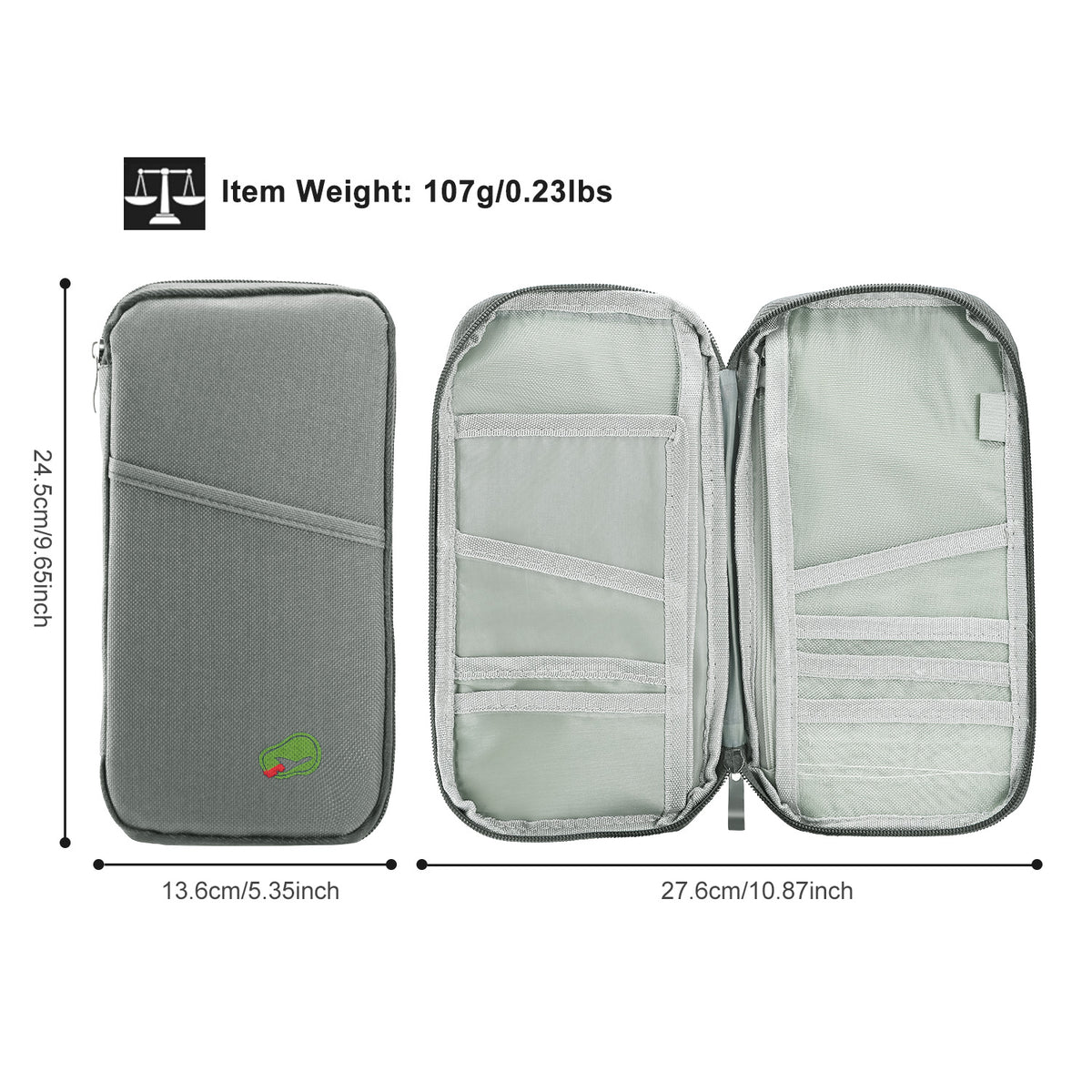 Zip travel document organizer with passport and phone pockets
