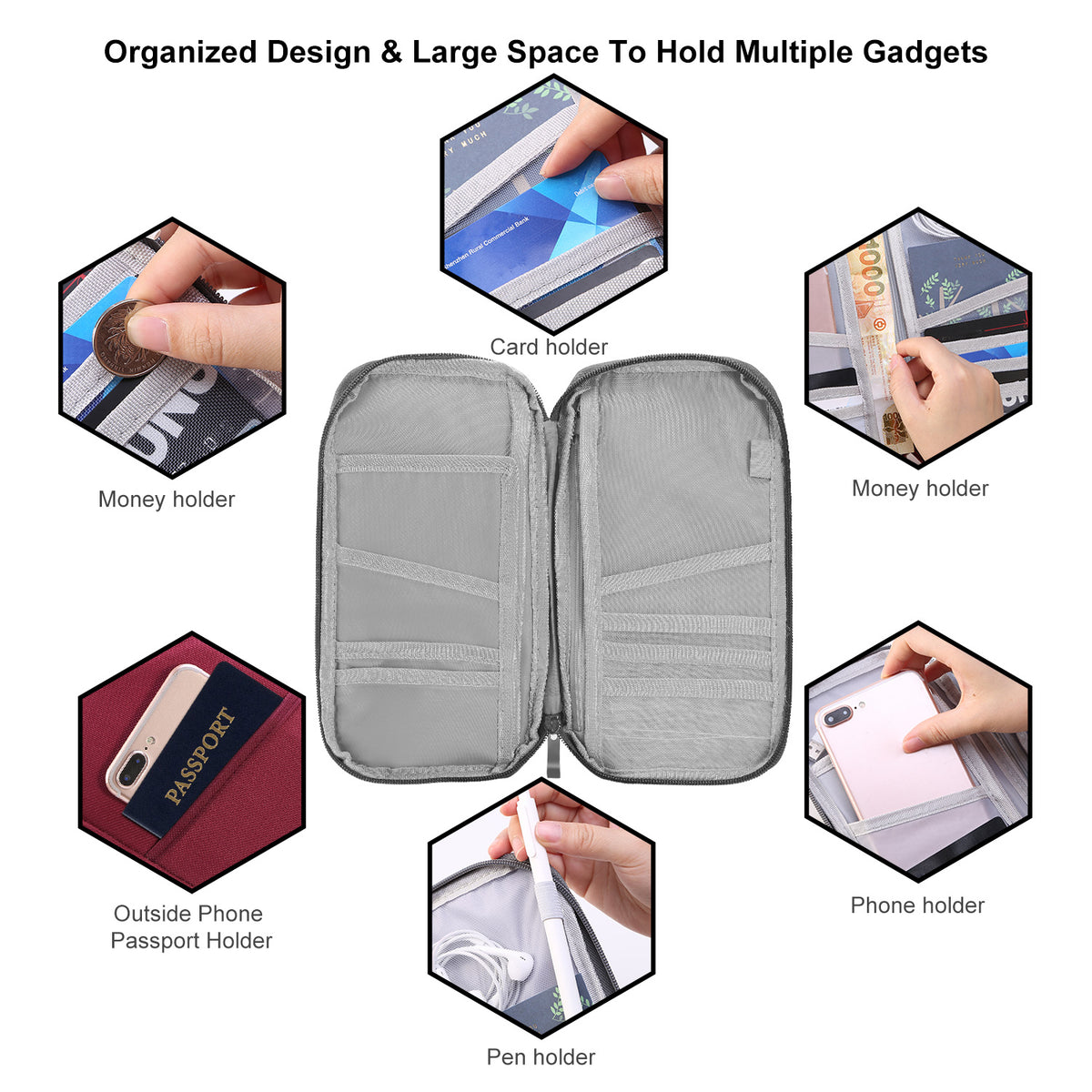 Zip travel document organizer with passport and phone pockets
