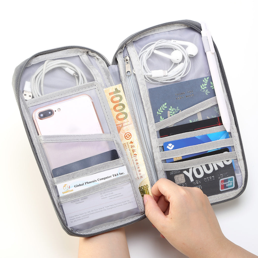 Zip travel document organizer with passport and phone pockets