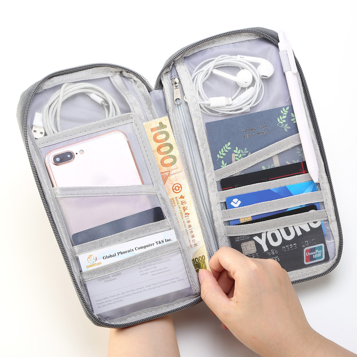Zip travel document organizer with passport and phone pockets