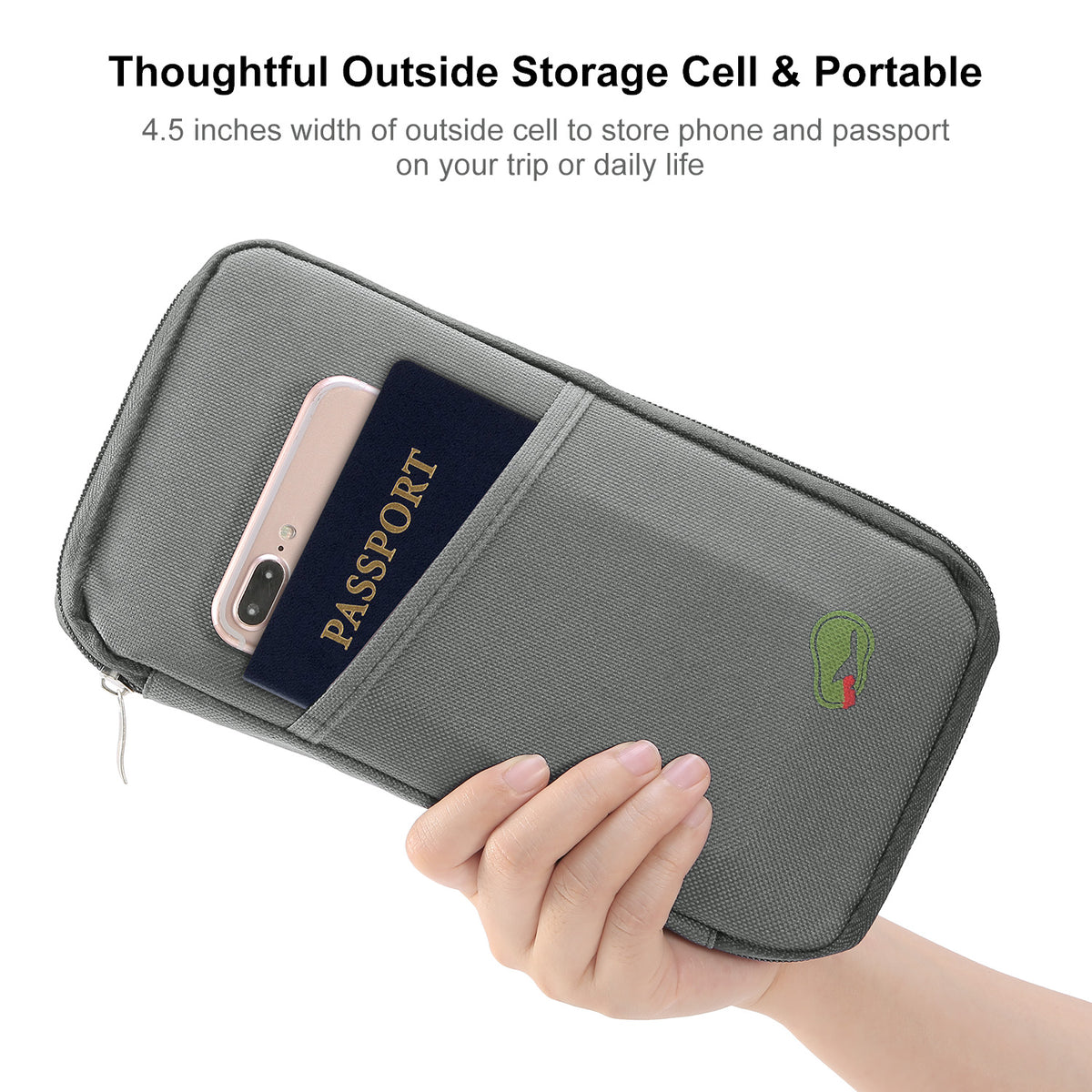 Zip travel document organizer with passport and phone pockets
