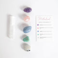 Crystal kit laid out: amethyst, angelite, howlite, amazonite, hematite