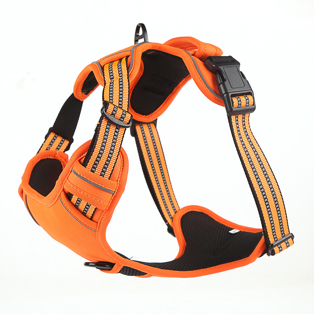 Orange reflective dog harness with back grab handle and padded mesh lining