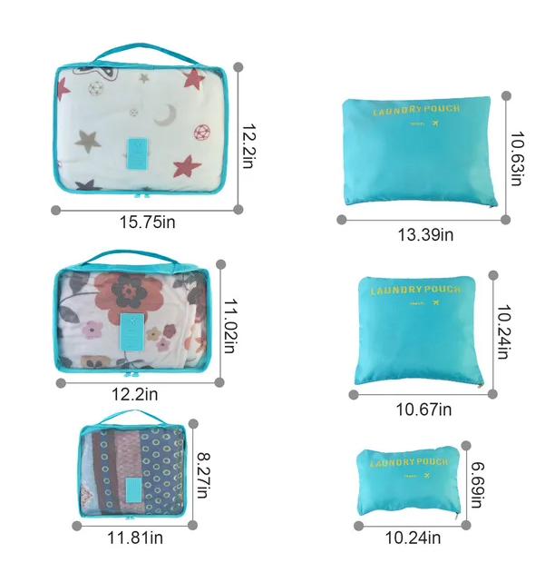 Sizes of each packing cube, pouch and storage bag