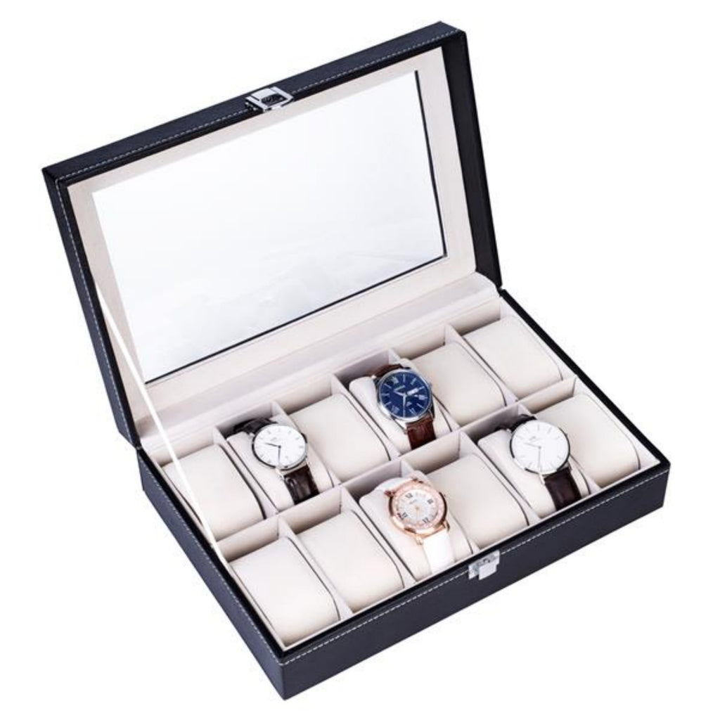 Watch box open showing 12 cushioned slots