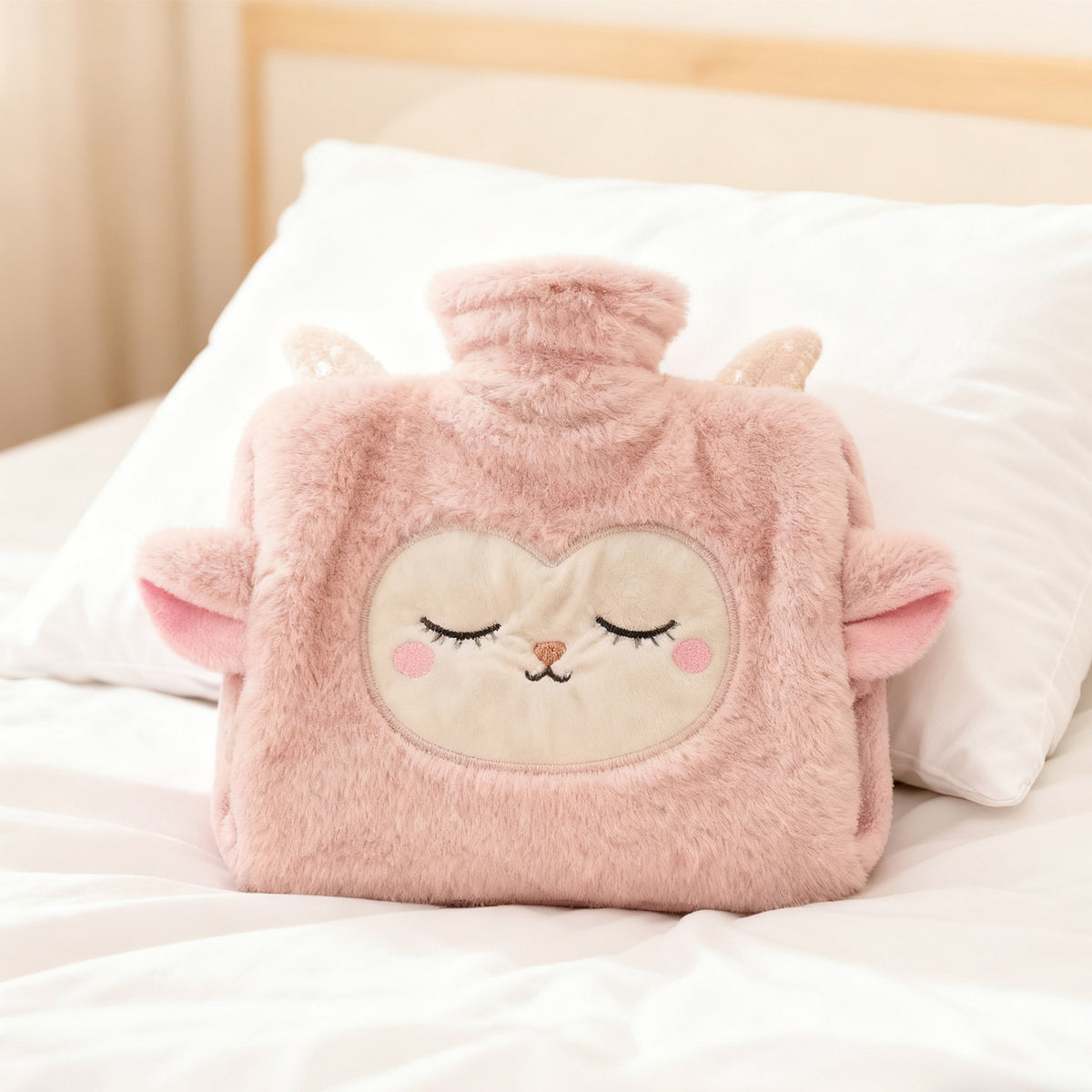 Yutanpo plush hot water bottle with a pink lamb cover on a bed