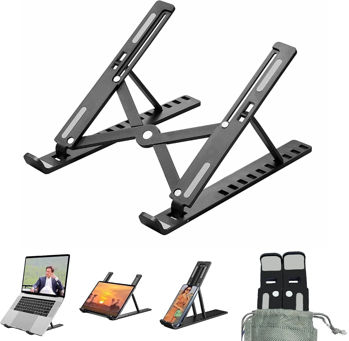 Black foldable aluminium laptop and tablet stand