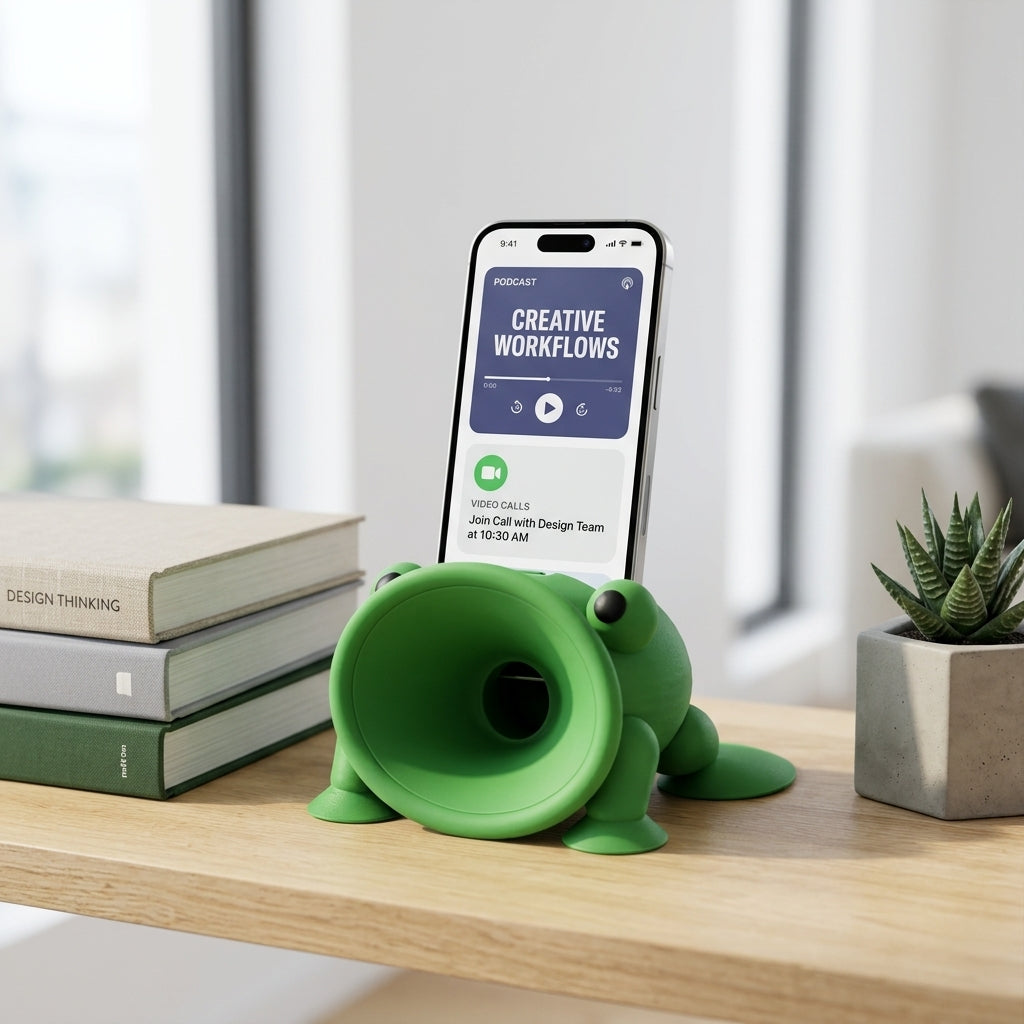 Frog phone stand holding a phone