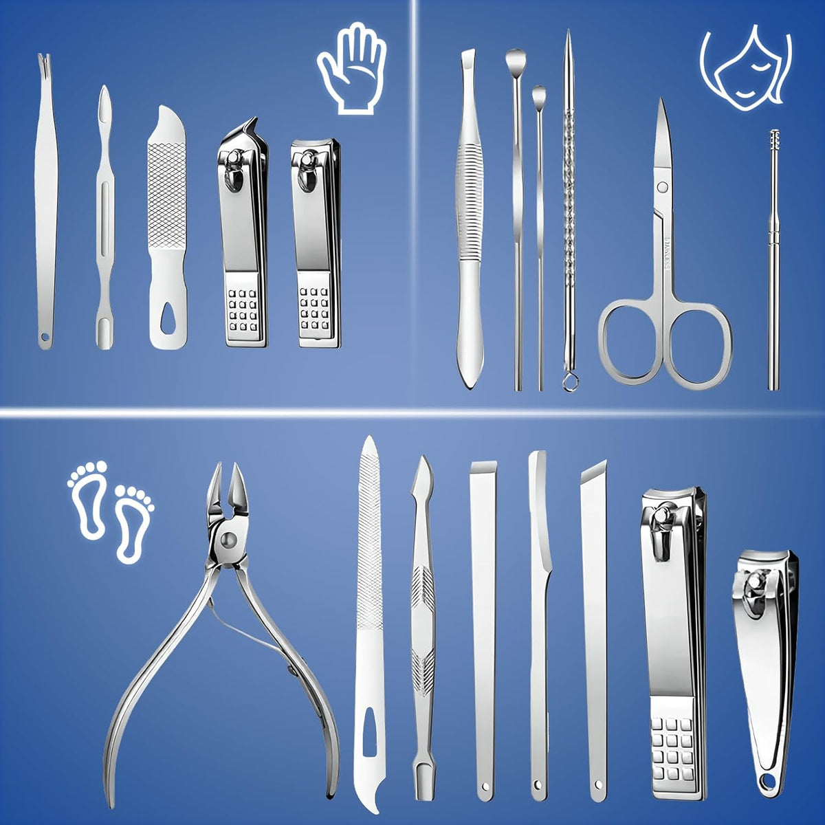 All 19 grooming tools laid out: clippers, nippers, scissors, tweezers and files