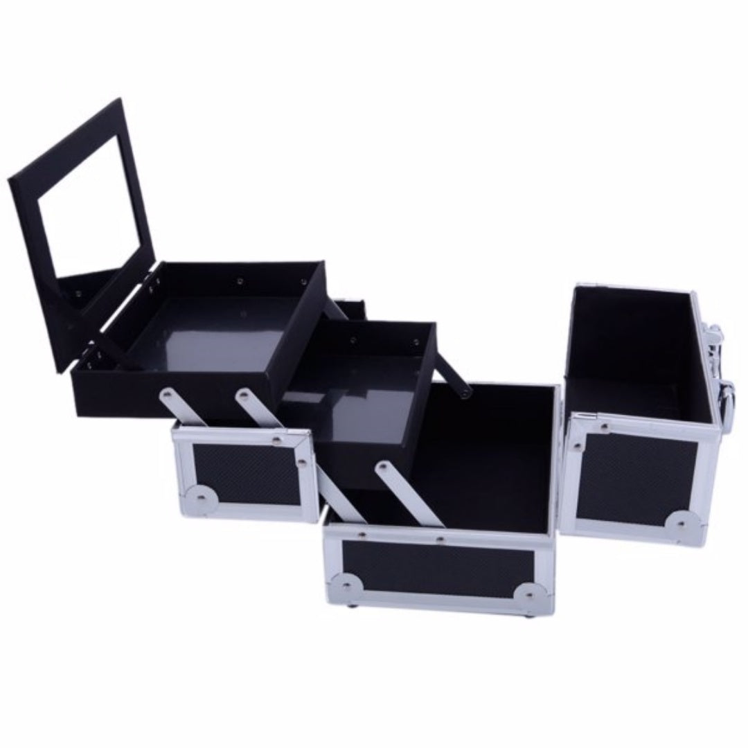 Train case open with fold-out trays and the mirror in the lid