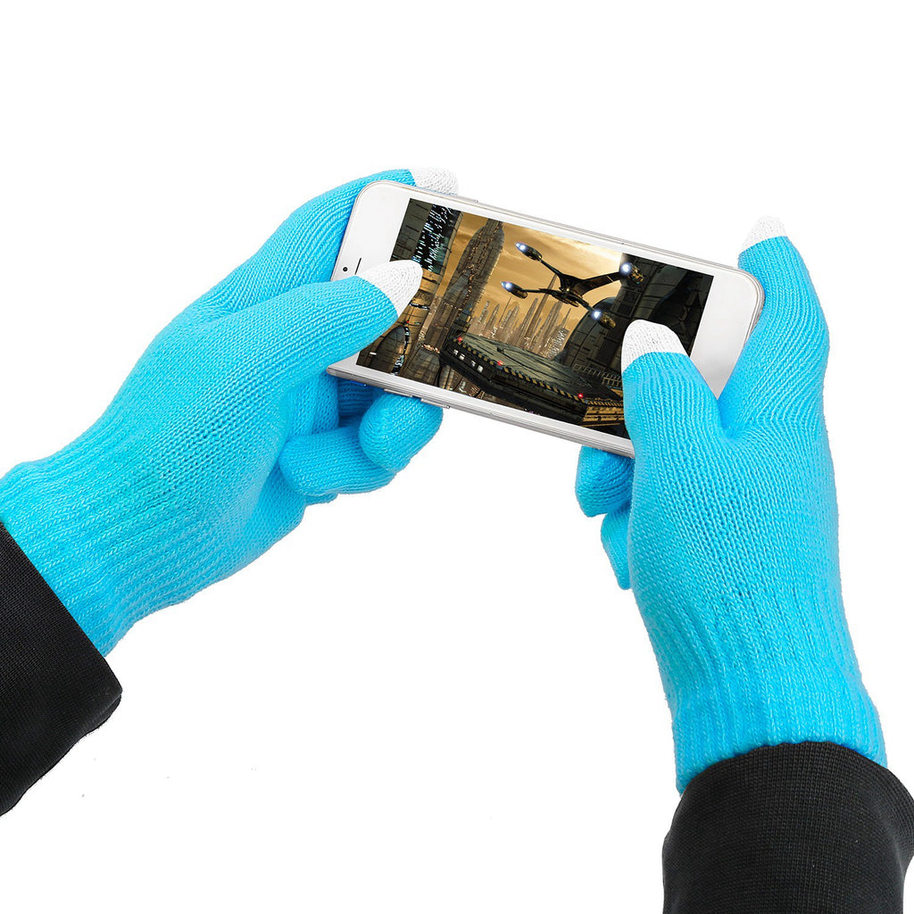 Texting on a phone while wearing aqua blue touchscreen gloves