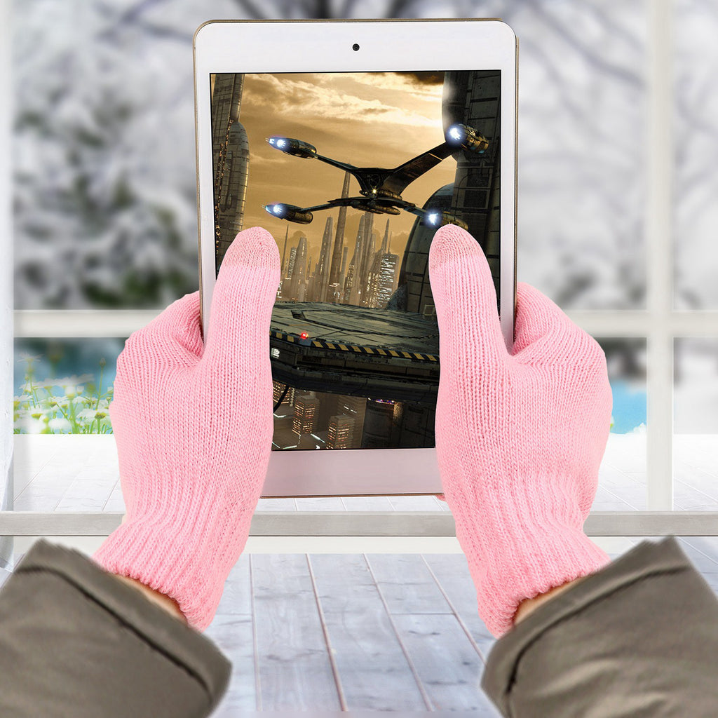 Tebukuro touchscreen knit gloves in blush pink using a tablet