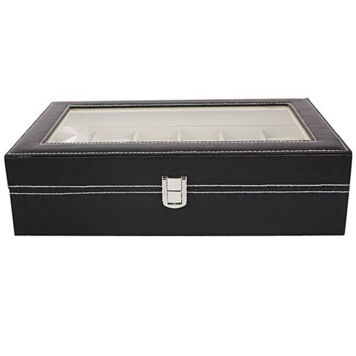 Tokei 12-slot black watch box with a clear window lid