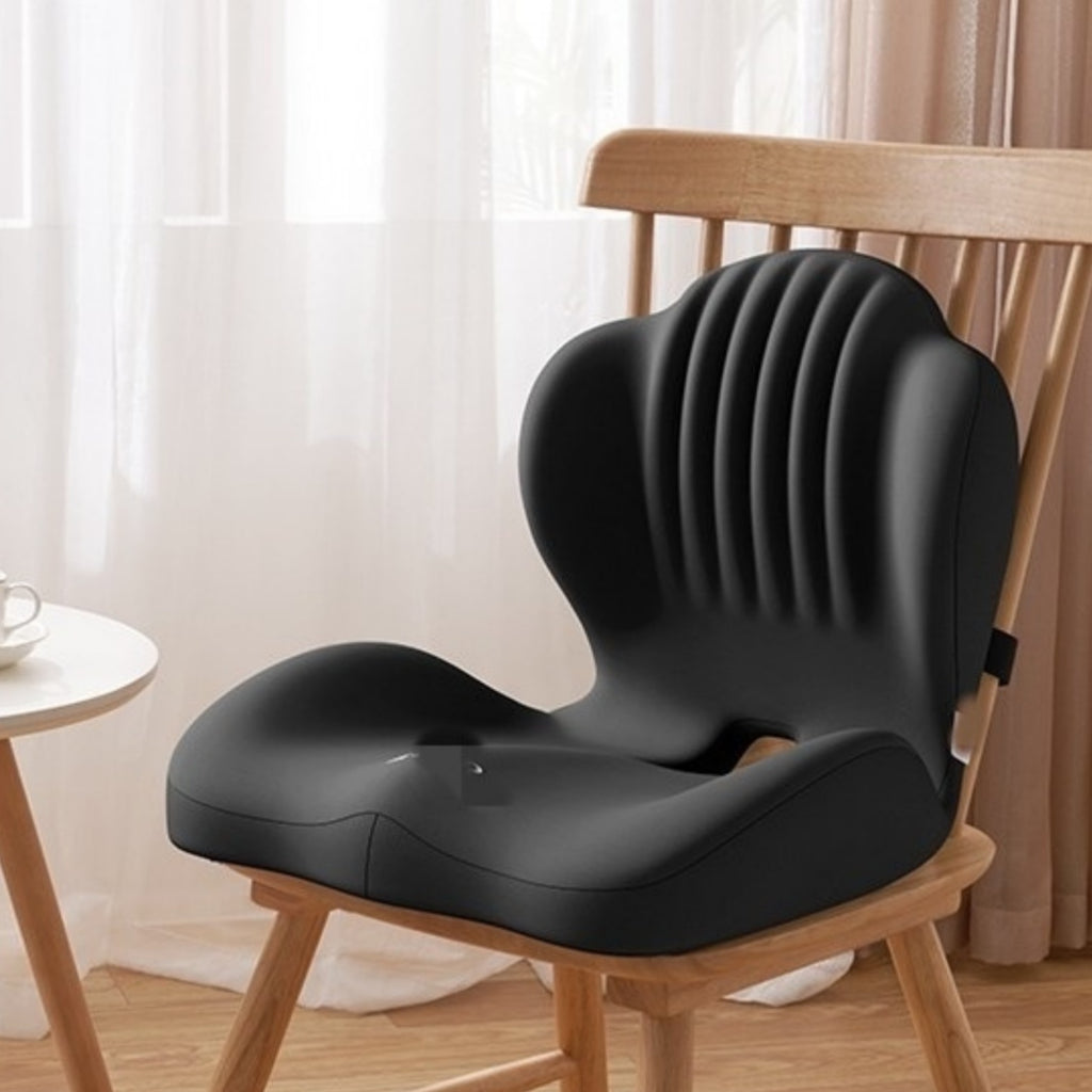 Zabuton memory foam seat and back cushion in black on a wooden chair