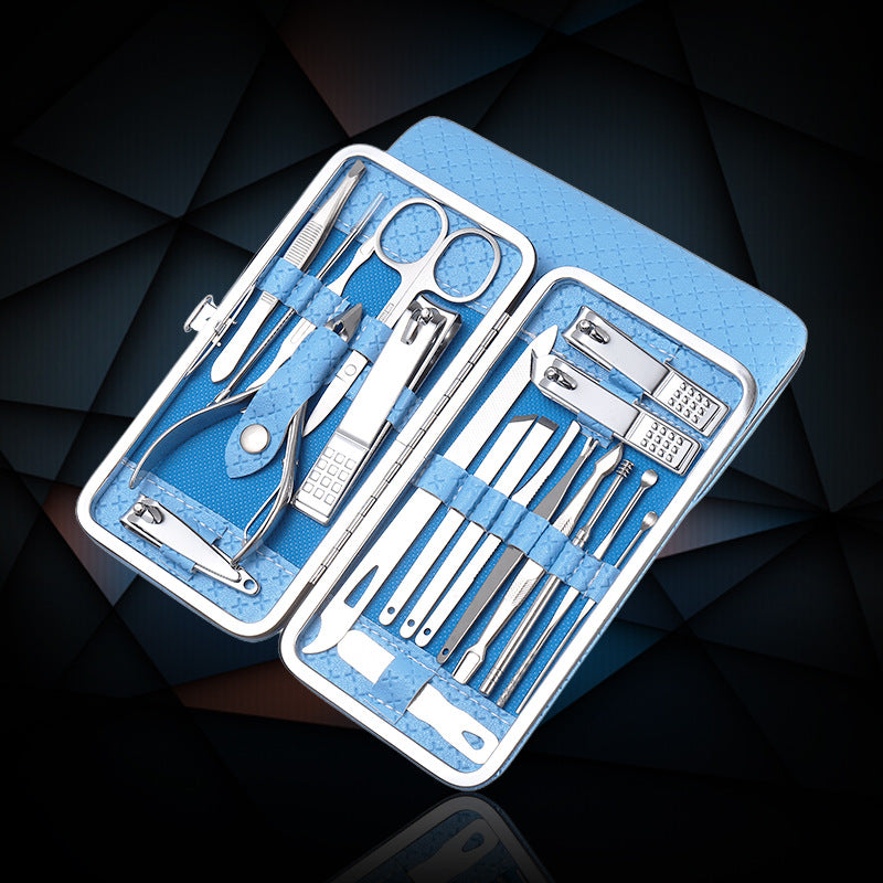 Tsumekiri 19-piece stainless steel manicure kit open in its blue case