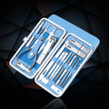 Tsumekiri 19-piece stainless steel manicure kit open in its blue case