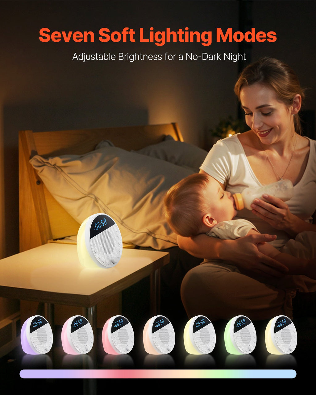 Sound machine night light in seven soft colors