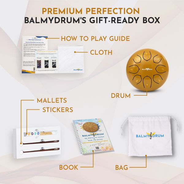 Balmy steel tongue drum, gold, with mallets