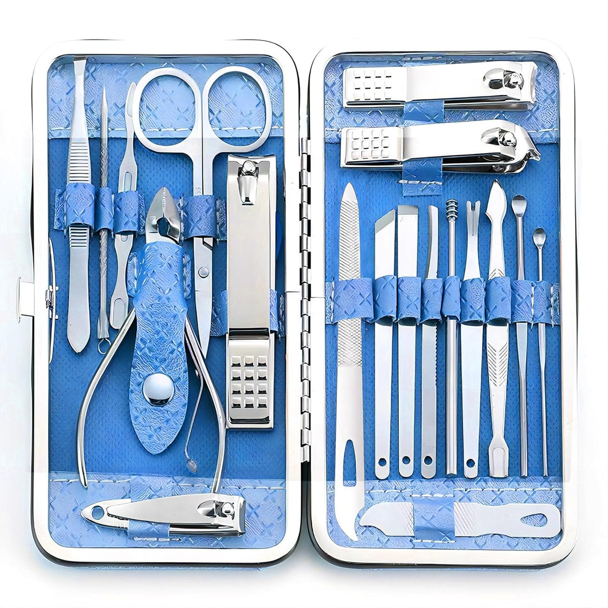 Manicure kit case open showing each tool in its slot