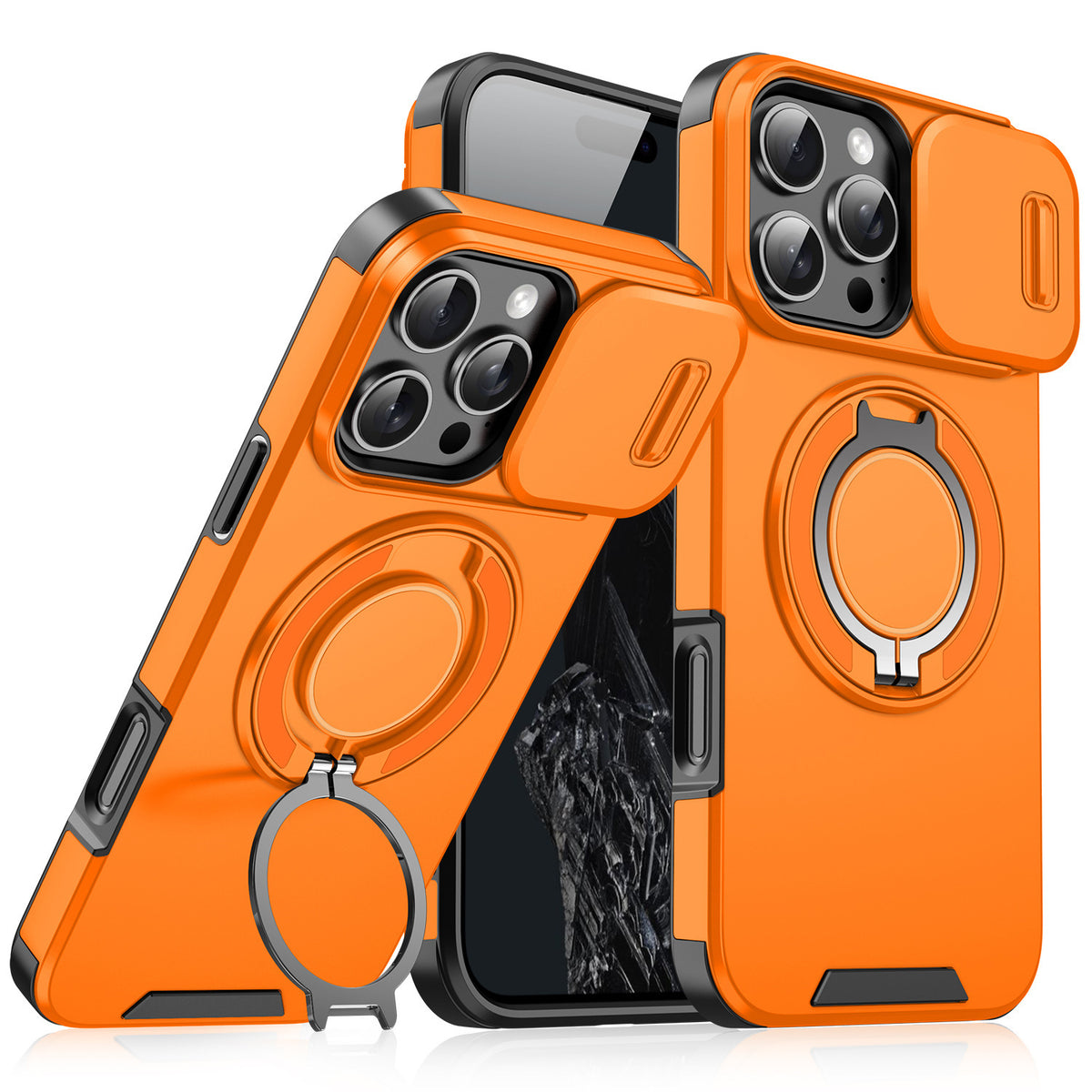 Orange magnetic kickstand case with sliding camera cover