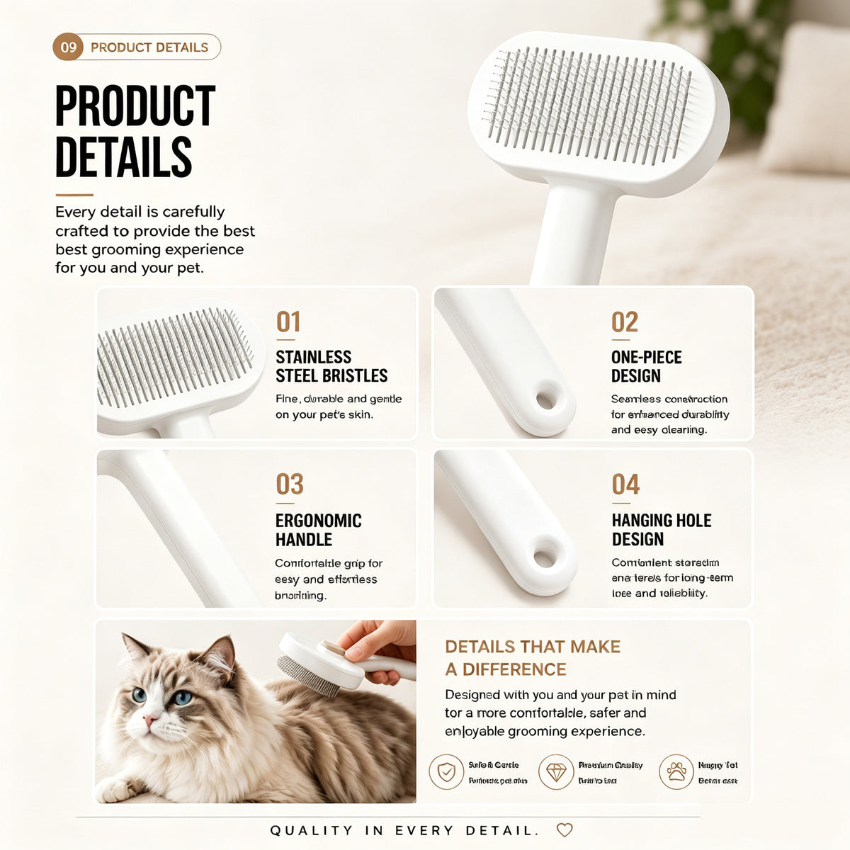 White self-cleaning slicker brush for dogs and cats