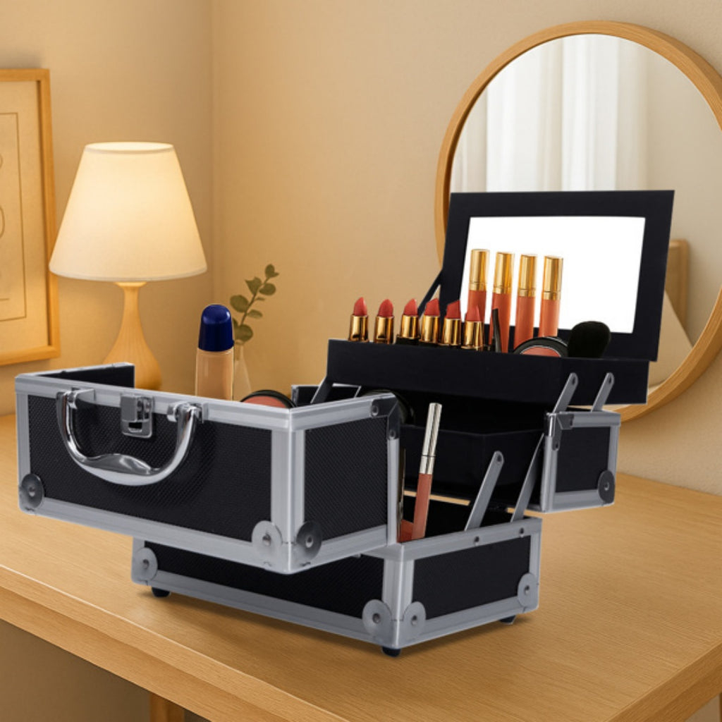 Train case filled with makeup on a dressing table