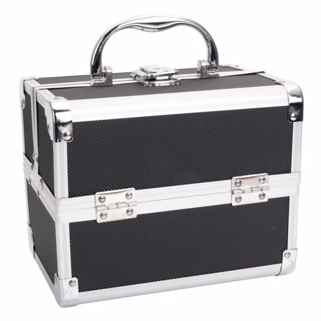 Black aluminum makeup train case, closed
