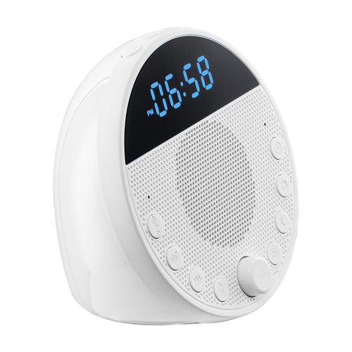 Willow & Dusk white noise sound machine, white, angled view showing the clock display and control dial