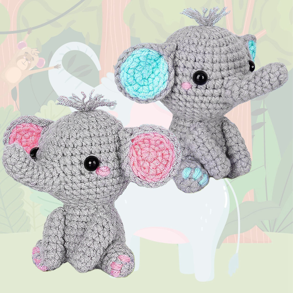 Two crocheted grey elephants from the Amimono kit