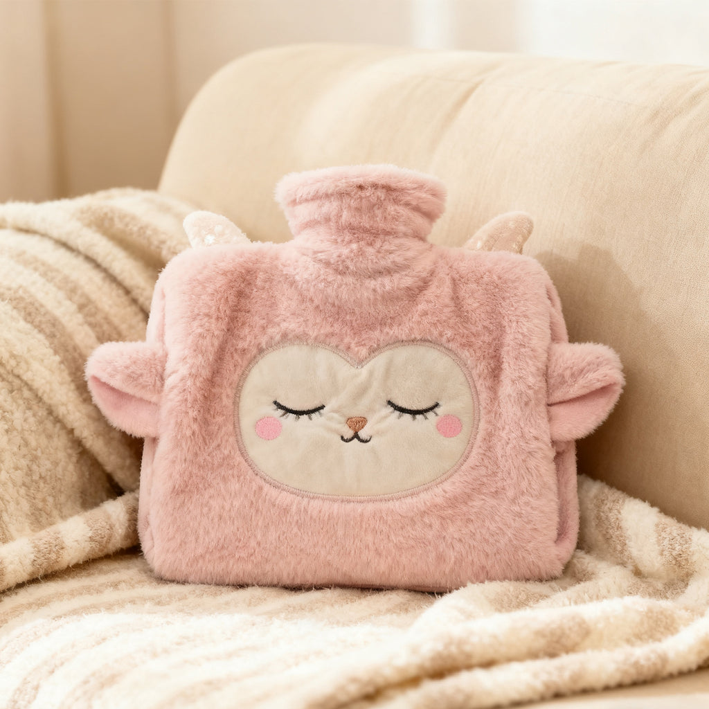 Pink plush lamb hot water bottle on a knit blanket