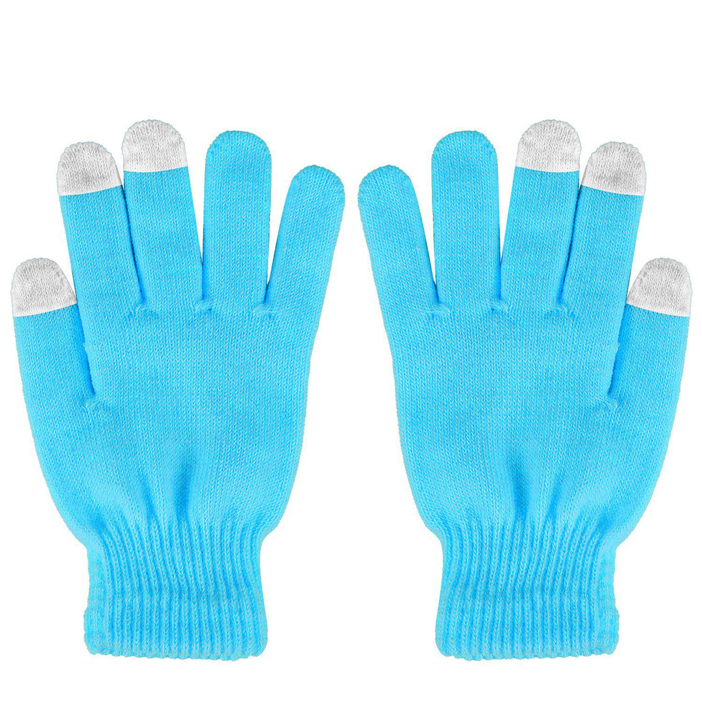 Pair of aqua blue touchscreen gloves laid flat