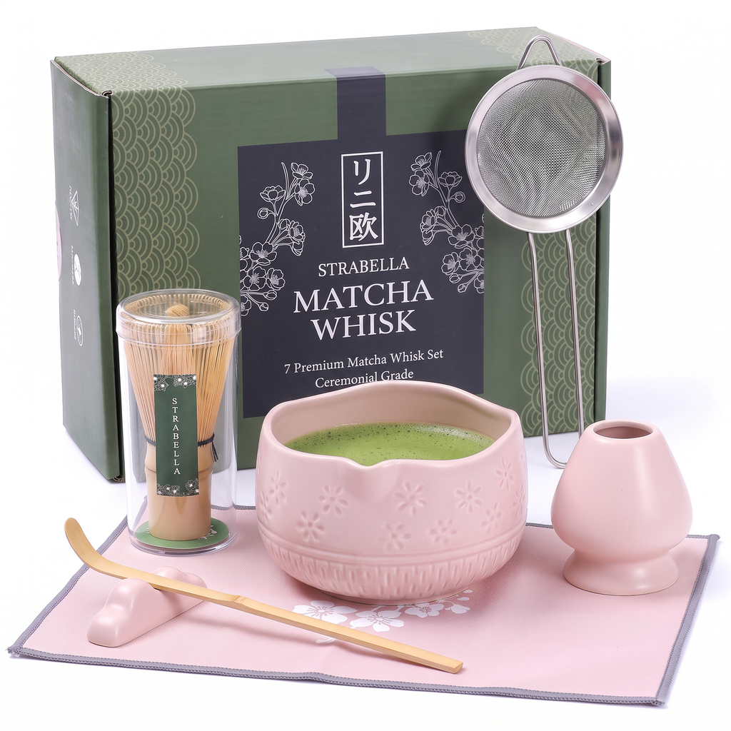 Matcha ritual set with a pink ceramic bowl