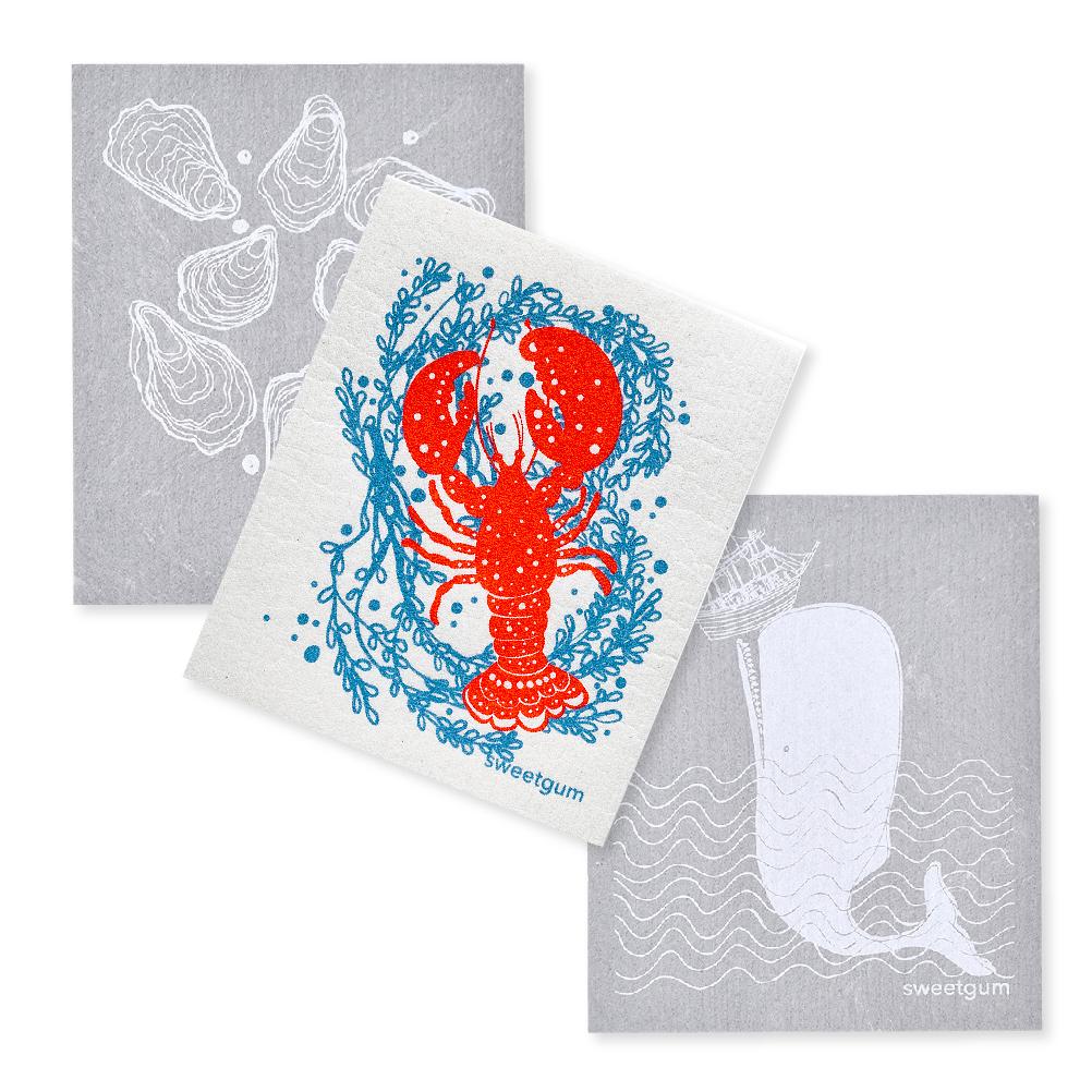 Swedish Dishcloths 3-pack, Lobster, Oysters and Whale by sweetgum home