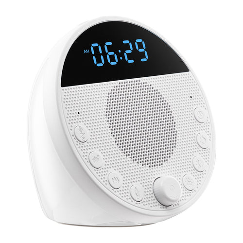 White noise sound machine front view with speaker grille and buttons