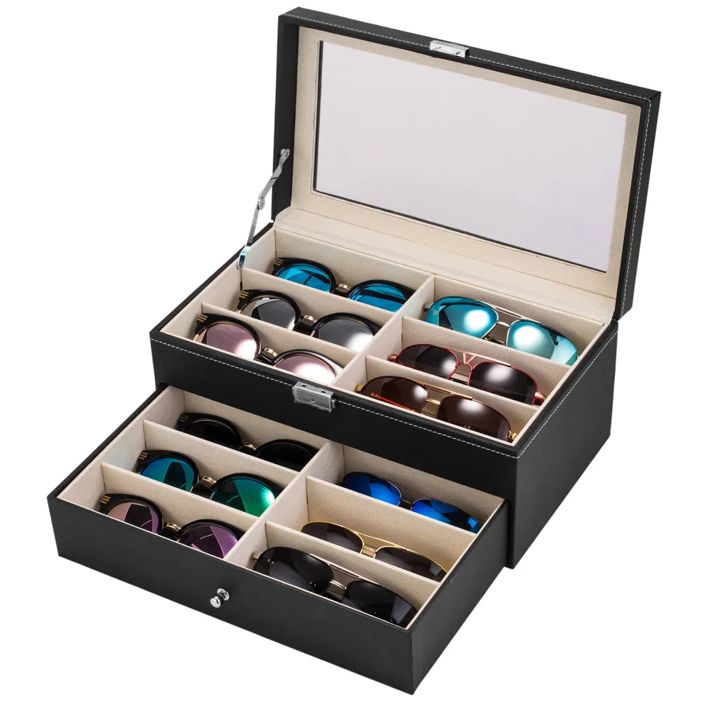 Two tiers of sunglasses in the organizer