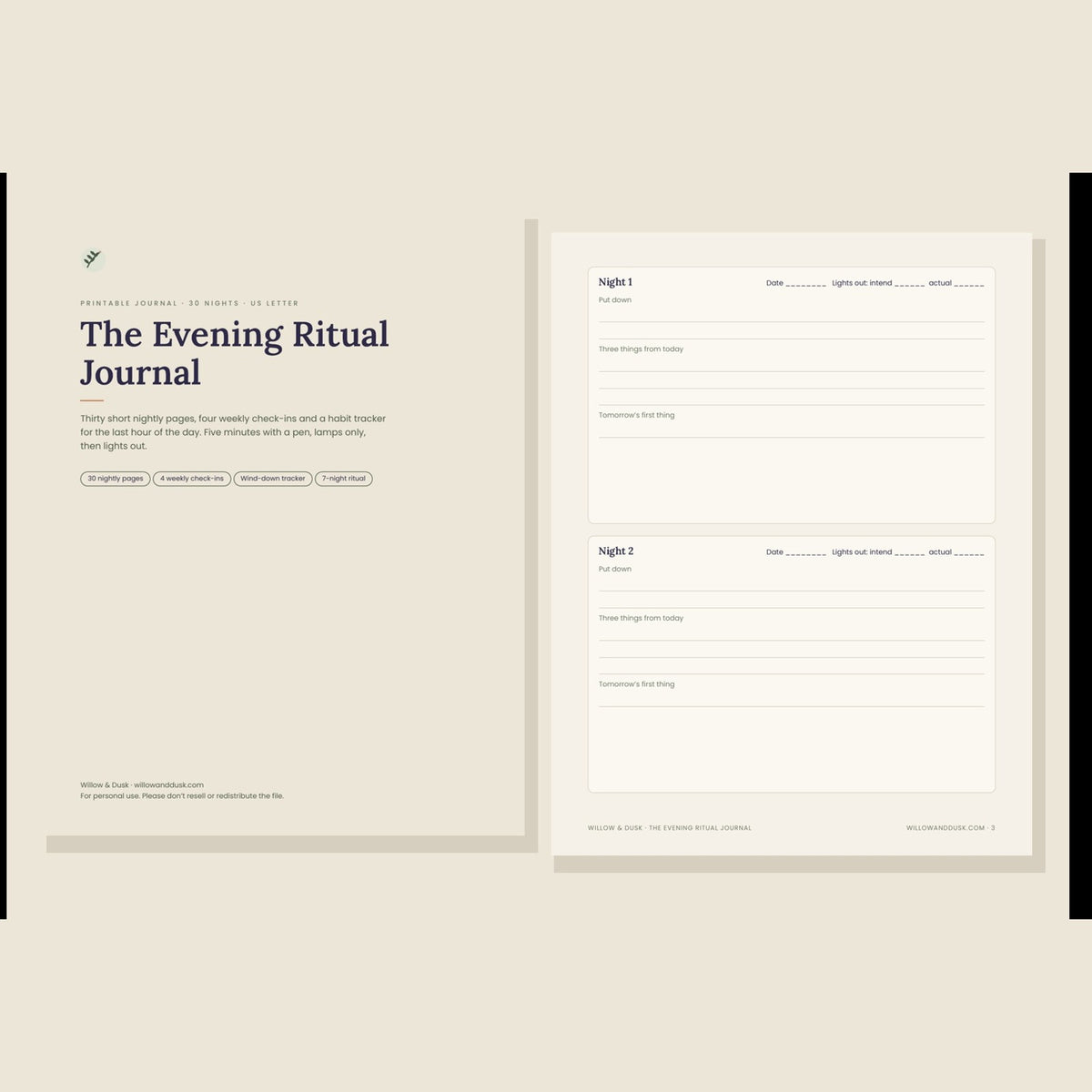 The Evening Ritual Journal, 30 nights (printable PDF)
