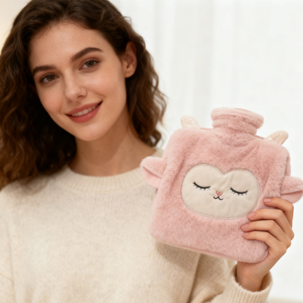 Woman holding the pink lamb hot water bottle