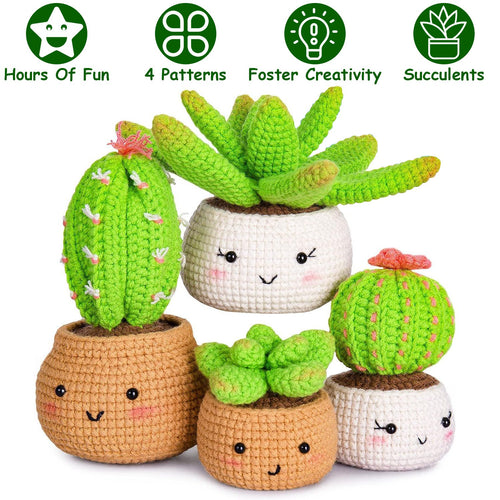 Four crocheted potted succulents with smiling faces from the Amimono kit