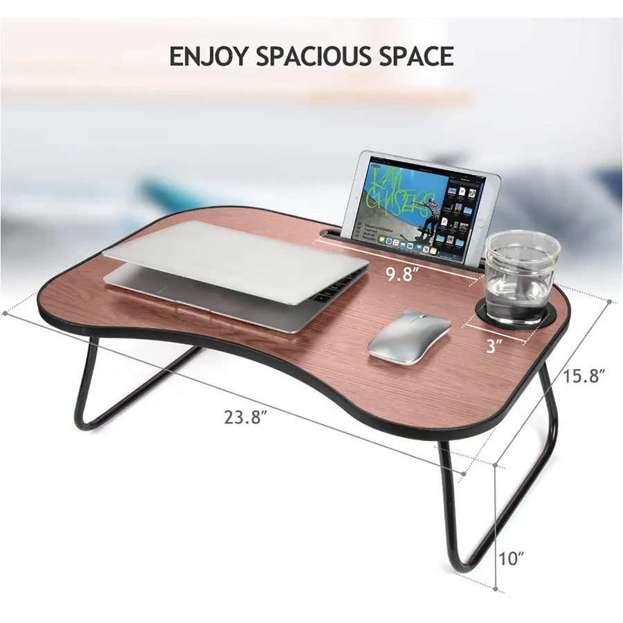 Lap desk dimensions with a laptop, tablet and cup
