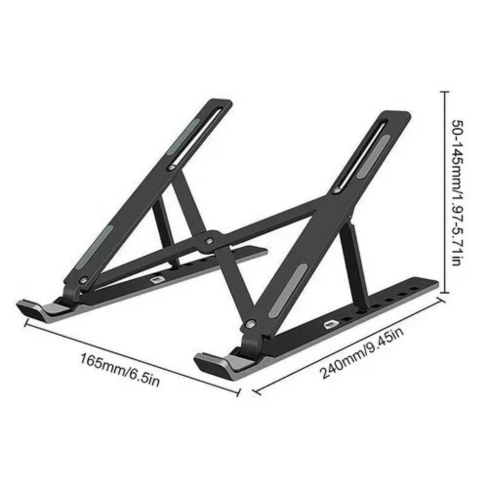 Black foldable aluminium laptop and tablet stand