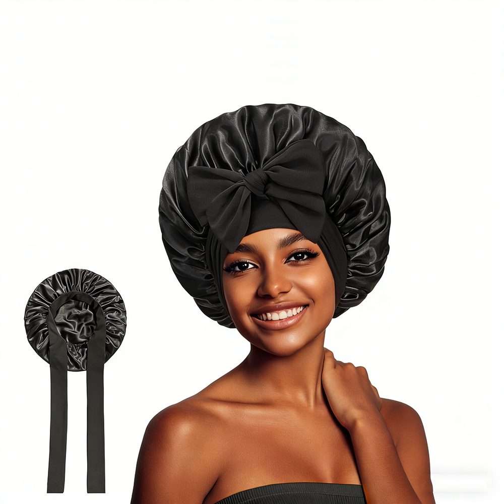 Black satin hair bonnet with tie band
