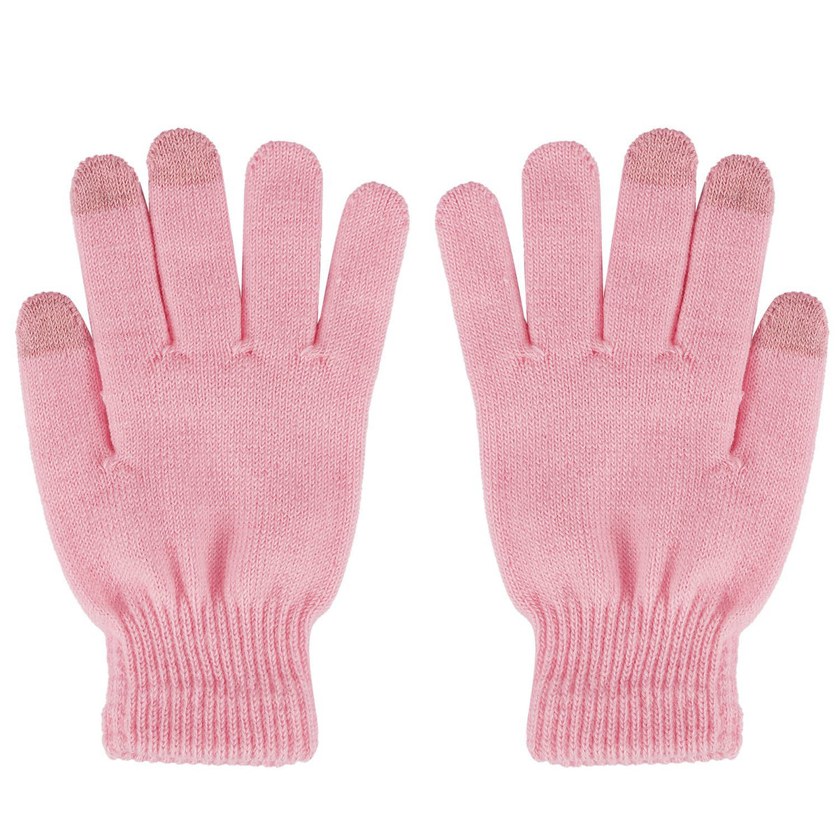 Pair of blush pink touchscreen gloves laid flat